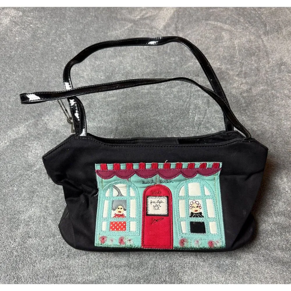 Forever by Fossil Black Satin Beauty Parlor Applique Shoulder Bag Vintage Purse